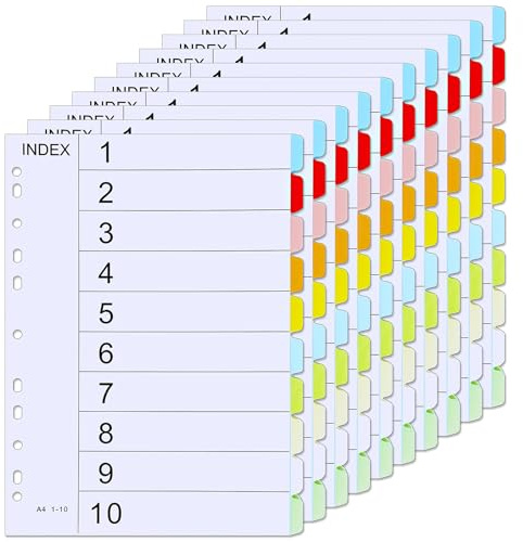 A4 File Dividers, 10 Pack Coloured Multi Hole Punched Tabbed Index Dividers for Lever Arch Files & Ring Binders