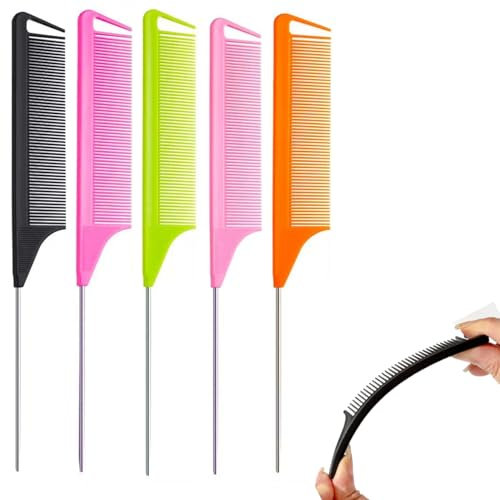 5 PCS Anti-Static Tail Combs - Carbon Fibre Styling and Heat Resistant Rattail Combs with Steel Pintail for Hair Parting, Cutting, and Teasing, Salon-Quality for Women and Men, 5 Colors