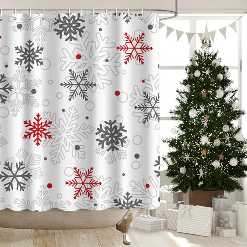 APROPHIC Duschvorhang Weihnachten, Winter Schneeflocke Vorhang Weihnachten, Rot Grau Home Badezimmer Vorhang Polyester wasserdichte Badezimmer Dekoration 182 x 182 cm mit Haken