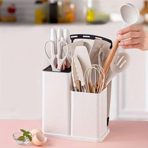 ILYPOP SHOP Set Utensili da Cucina 19 pezzi, Silicone Antiaderente, 5 Coltelli Professionali con Impugnatura ergonomica e Tagliere, Manico in Legno, Termoresistente, Senza BPA (Bianco)