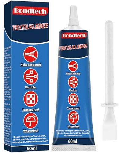 Textilkleber Waschmaschinenfest 60 ML, Stoffkleber Extra Stark für Baumwolle, Kleidung, Hosen und mehr, Transparenter & Waschbarer