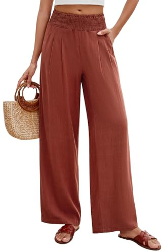 PASUDA Pantalon Femme Été Lin Pantalons Taille Haute Elastique Pantacourt Coton Grande Longueur Palazzo Pants Jambe Large Ample Fluide Droit Décontractée avec Poches (Rouge Brique, S)