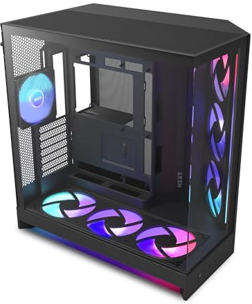 NZXT H9 Flow RGB+ (2025) – Large Dual-Chamber ATX Mid-Tower Airflow PC Case – Includes 7 RGB Fans (6 x 140mm, 1 x 120mm) & Control Hub – 420mm Radiator Support – Back-Connect Ready – Black