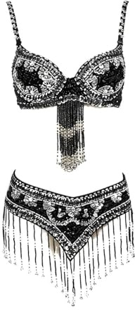 AMENGJ Costume da Danza del Ventre Costume da Ballo in Due Pezzi con Reggiseno e Cintura con Perline e Paillettes in Stile Orientale da Donna, Completo da Spettacolo(Color 1,S)