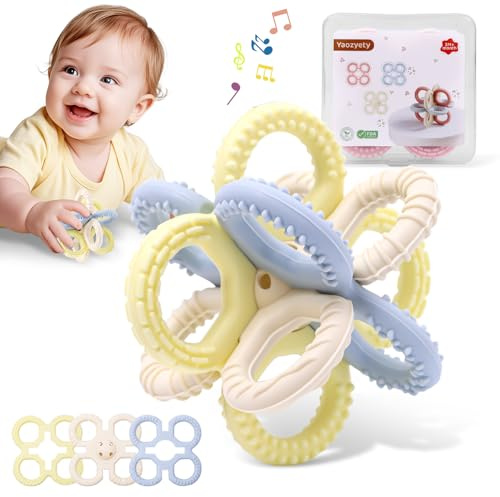 Yaozyety Baby Teething Toys 3 in 1 Silicone Teethers - BPA Free Food Grade Silicone Teething Ring Rattle Toys for Babies 3-6 Months 6-12 Months, Soft & Easy Hold, Baby Chew Toy for Toddlers (Yellow)