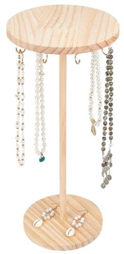 HOBBIESAY 18 Hooks Wood Necklace Display Stand 15.24 inch Tall Round Rotating Jewelry Organizer Wooden Display Tower Storage Accessories for Bracelet Necklace Earring Jewelry Displays