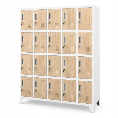 Jan Nowak Domator Casier Vestiaire 5B4A Armoire Metallique avec 20 Compartiments Revêtement en Poudre 172 cm x 136 cm x 45 cm (Blanc-Bois)