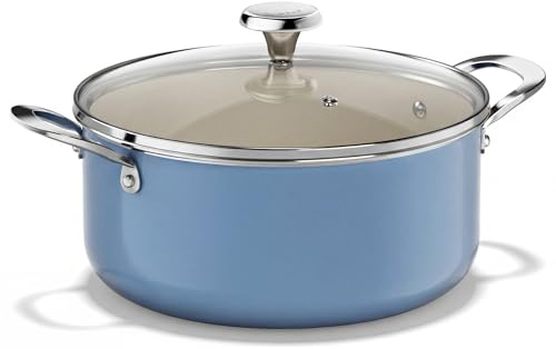 Redchef Ceramic Stock Pot, Induction Cooking Pot with Glass Lid for Soup, 5Qt Stockpot Nonstick Soup Pot, Even Heating, Stay-Cool Handles,Fits All Stoves, Oven/Dishwasher Safe, PFAS Free (Blue)