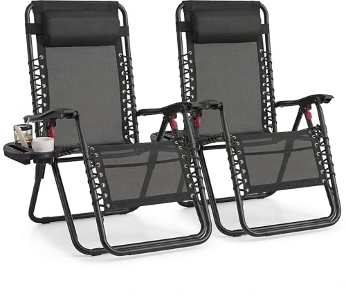 SONGMICS Set of 2 Zero Gravity Reclining Chairs, Folding Sun Loungers | With Tray, Adjustable Headrest, Max. Load 110 kg Each, for Patio, Garden, Black, SANDY Collection GLB032BZ02