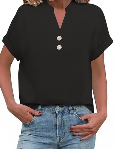PASUDA Camicia Estiva Donna Blusa Lino Elegante Camicetta Manica Corta Camicia Scollo a V Button Down Camicia Tinta Unita Classico Top Estive T Shirt(Nero,L)