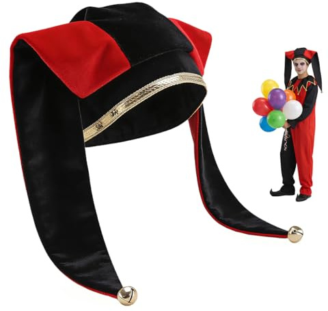CAMDOM Cappello da giullare con campane nero e rosso Arlecchino Fool Hat Medievale Carnevale Accessorio per costume di Carnevale con finiture dorate per adulti Halloween Festa in maschera