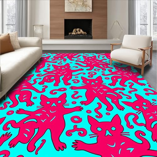 Design&I Flatwoven Area Rug 8x10 ft, Playful Cat Motif Needle Punch DIY Project with Threading Accessories, Machine Washable, Stain Resistant Indoor Rug for Living Room, Bedroom, Non Slip Decor (Pad)
