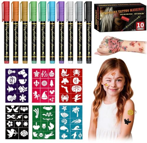 CEJAS 10 stycken tatueringspennor barn, glitter tatuering barn tatueringspennor med 6 ark 56 mallar tillfälliga tatueringar henna mallar för barn vuxna födelsedagar fest halloween