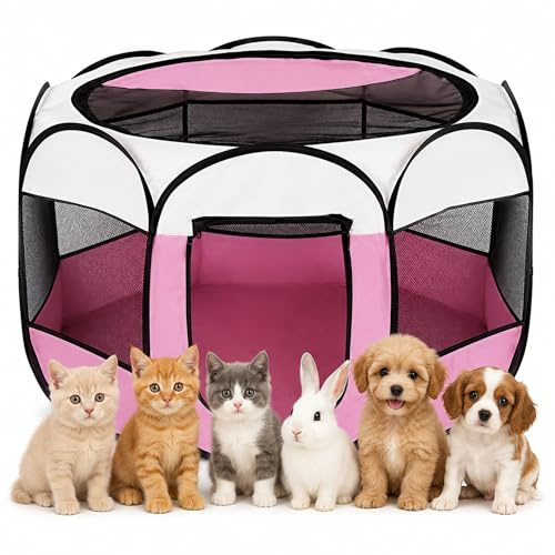 Recinto pieghevole per cuccioli, 74 x 74 x 43 cm, per la casa, box pieghevole per cani, gatti, conigli, interni ed esterni (rosa)