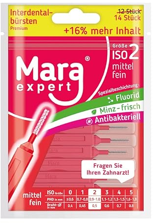 Interdentalbürsten Rot 0,5mm von MARA EXPERT | Dentalbürsten ISO 2 Mittelfein | 12 + 2 Zahnzwischenraum Bürsten | Für optimale Zahnfleisch Pflege