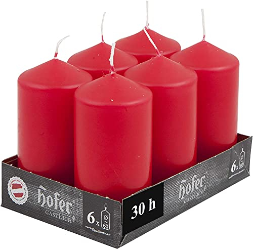 Hofer Candele Rosse a Colonna - 60 x 120 mm - Set di 6 Candele Decorative Cilindriche - Colore Rosso - Lunga Durata di 30 Ore - Cera Antigoccia - Non Profumate - Qualità RAL