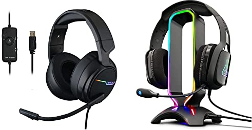 The G-Lab Korp Thallium Casque Gaming USB Son 7.1 Digital Surround & K-Stand Radon Support pour Casque/Micro-Casque Gaming - Rétro-éclairage RGB, Hub USB 2 x 2.0, Base antidérapante