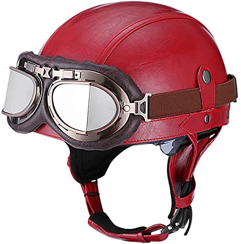 CFZWJ Motorcykelhjälm i retrostil, halvhjälm, unisex, PU-läder, motorcykelhjälmar med vintage-glasögon, årstider, utomhus-åkning, skoter, moped, DOT-godkänd hjälm