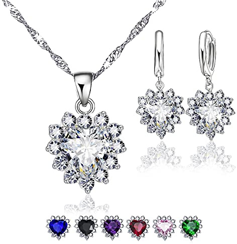 CRYSTALINA Parure Gioielli, Collana e Orecchini Argento 925 Donna con Ciondolo Cuore, Set Regalo, Set Argento Donna, Gioielli in Argento S925 e Zirconi Colorati (BIANCO)