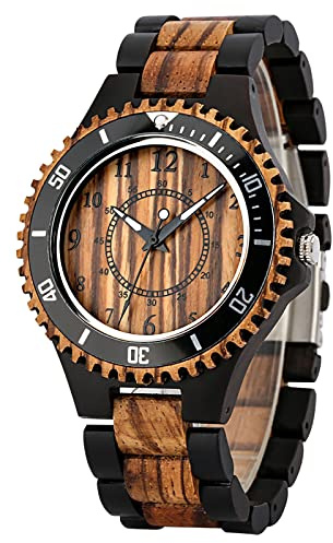 Realpoo Brown Black Ebony Zebra Wooden Quartz Men's Watch,Foldover Clasp Wood Strap Arabic Numerals Display Wooden Watches for Men