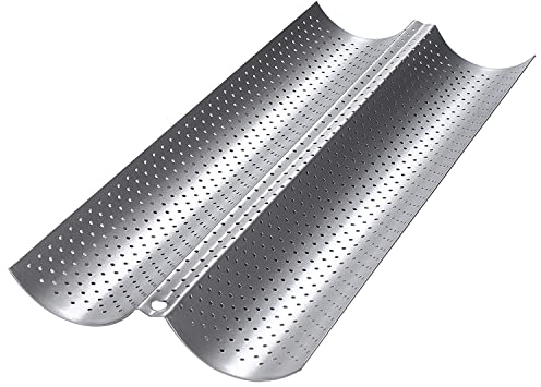 Dilpeak Moulle baguette four, moulle à baguette pain, moule baguette, plaque de cuisson perforée Anti-antiadhésif, pour 2 baguettes, moules à pain en haute qualité (38x16.2x2.4cm argent)
