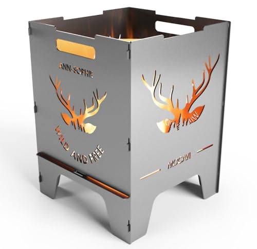 MOCAVI Edelstahl Feuerkorb Wild 52 cm | 3 mm V2A personalisiert Design-Feuertonne für Garten, Terrasse und Balkon Feuerschale Feuersäule massiv sicher quadratisch Feuerstelle Outdoor faltbar hitzefest