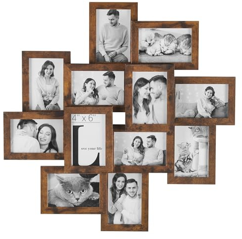 SONGMICS Bilderrahmen RPF022X01 für 12 Fotos 10,2 x 15,2 cm - Wandmontage und Montage erforderlich - Glas und MDF Holz Rahmen Rustikal Braun