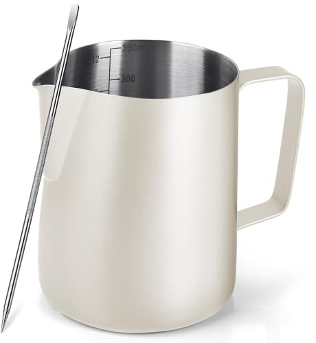 Hoenart Bricco per latte da 350 ml, in acciaio inox 304, montalatte e penna per latte art, accessori da barista, brocca per latte in acciaio inox, per caffè espresso e cappuccino (12fl.oz, bianco)