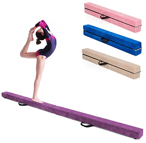 GYMAX Poutre Gymnastique pour Enfant, Poutre d'Équilibre Pliable 210CM, Portable, Robuste en Bois Massif, avec Patins Antidérapant & Surface Douce, Transport Facile, pour Danse/Fitness (Violet)