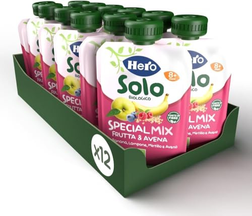 Hero Solo Bio Frutta e Cereali Frullati 100% Bio, Special Mix, Senza Zuccheri Aggiunti, Purea di Mela, Banana, Mirtillo, Lampone con Avena - 12 Confezioni da 100 gr