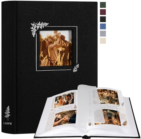 Lanpn Album Fotografico Scrapbooking, Piccolo Lino Design della finestra DIY Scrapbook 60 pagine bianche con divisori di cellofan per foto 9x13 cm 10x15 cm 13x18 cm (19x27cm, Nero)