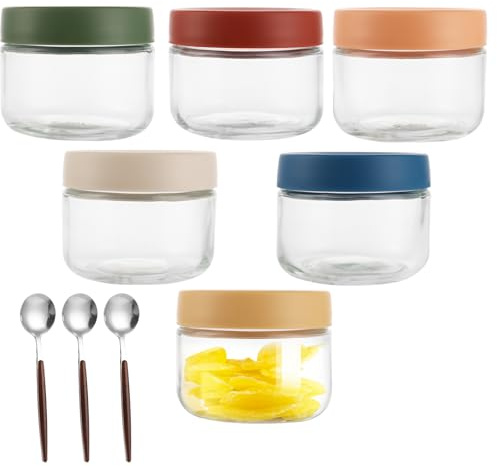 VIDETOL Overnight Oats - Juego de 6 tarros de cristal reutilizables con tapa de rosca y cuchara, 300 ml, para cereales, pudín, yogur, gachas, mermelada
