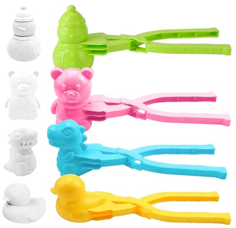 Satiskid 4 PCS Snowball Maker Clips, Winter Cartoon Snowball Maker Clip Set with Snowman, Bear, Dinosaur, Duck Shape, Winter Outdoor Snow Fight Games, Beach Sand Clay Mold Tools