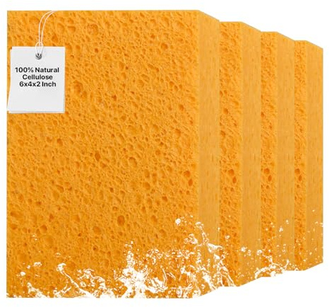 4 PCS Large Natural Cellulose Sponges 6x4x2 Inch - Super Absorbent and Biodegradable, Perfect for Home & Kitchen Cleaning, Boat Bail, Car Washing