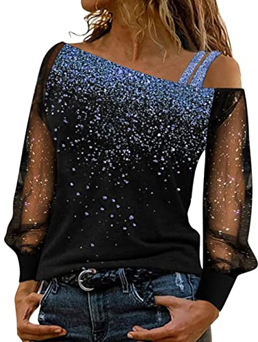 Blusa Donna Elegante con Paillettes Cerimonia Tops Pizzo Maniche Lunghe Maglietta con Glitter Sexy Taglie Forti Camicetta Brillantini Maglia da Sera Curvy Camicia Oro per Feste e Serate