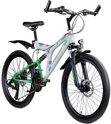 ZÜNDAPP Blue 5.0 Mountainbike Fully 24 Zoll Fahrrad 130-150cm MTB ab 8 Jahre 21 Gang Trailbike Scheibenbremsen Jugendfahrrad (weiß/grün, 43 cm)