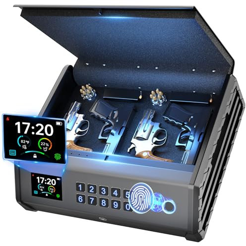 Gun Safe,3 Ways Biometric Pistol Safe with LCD Display of Temperature Humidity USB Port, Emergency Power Supply Gun Lock Box for Home Bedroom Bedside Nightstand and Car