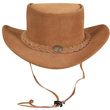 URBAN 5884 Sombrero Vaquero de Cuero de Ante Auténtico, Sombrero Cowboy para Hombre/Mujer, con ala Ancha y Barboquejo Ajustable - Tan, L