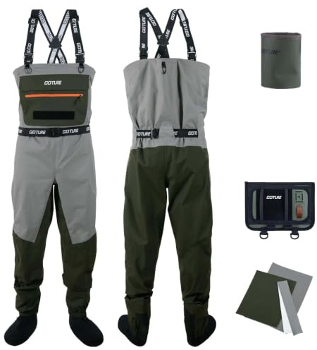 Goture Wathose Herren wasserdichte mit Fünf Lagen, Verbessertes atmungsaktives Gewebe, wasserdichte Wathose zum Angeln mit wasserdichter Tasche, Jagd, Leichte Wathose mit Handwärmfunktion