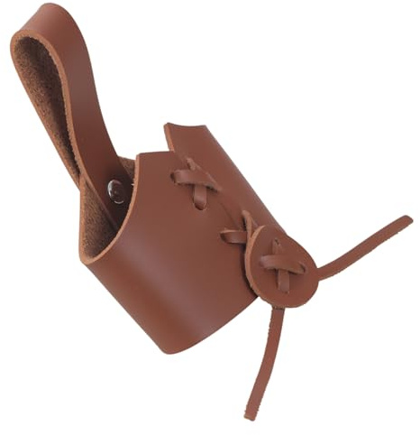 Guaber Funda de piel sintética marrón con forma de cuerno para taza, funda portátil para vaso, cinturón de cerveza, accesorios para colgar jarras de cerveza, accesorio de soporte de taza de piel