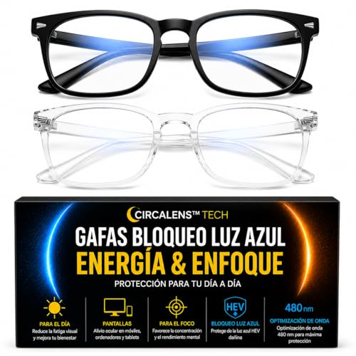 Solmoon Gafas Luz Azul HEV Circalens™ para Pantallas – Lentes Transparentes con Filtro Inteligente HEV | Preserva la Señal de Luz 480nm para Foco y Confort Visual | Set Premium 2 Estilos