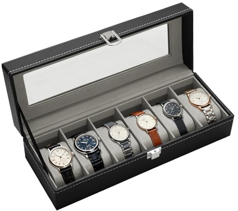 OulQinyhome Boîte à Montres 6 Emplacements Coffret à Montres en PU Cuir avec Coussinets Amovibles Rangement Montre Universel Homme Femme Cadeau Anniversaire Action de Grâce