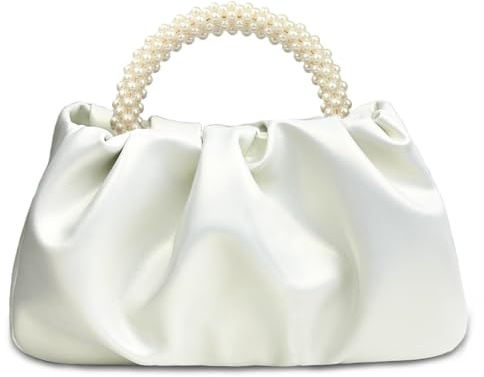 BYWAUQI Women's Evening Pearl Clutch Purse Soft Leather Ruched Bag for Wedding Bridal Party Prom Formal Events, White