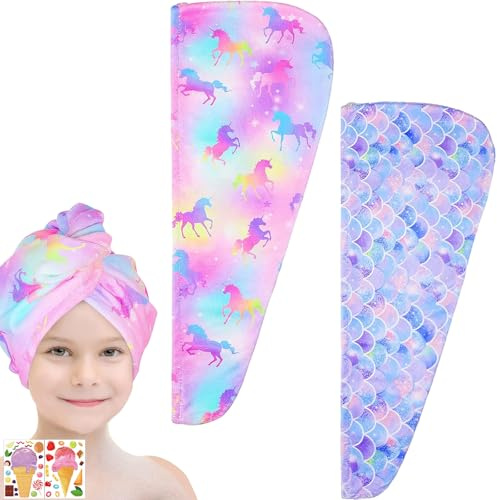 ZenyTra Lot de 2 serviettes turban en microfibre - Avec boutons - Séchage rapide - Pour femme et enfant - Avec 2 autocollants DIY