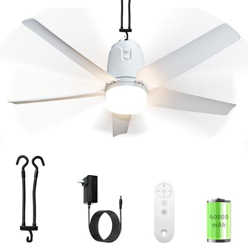 Gazebo Outdoor Ceiling Fan Light 31.5'', 40000mAh Large Portable Ceiling Fan With Remote and Hanging Hook, 4 Wind Speeds, 3000K-6500K Dimmable Canopy Fan Light For Patios, Pop Up Tent, Camping