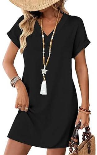 makabaky Robe Été Femme Manches Courtes Col V Poches Plage Chic Légère | Décontractée, Vacances, Bureau, Mariage