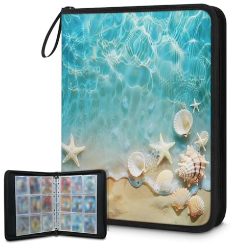 Mexpekil Carpeta de tarjetas de mar con conchas de mar con 9 bolsillos con 50 páginas de carga lateral, carpeta de colección de tarjetas para 900 tarjetas, con cremallera, álbum de tarjetas