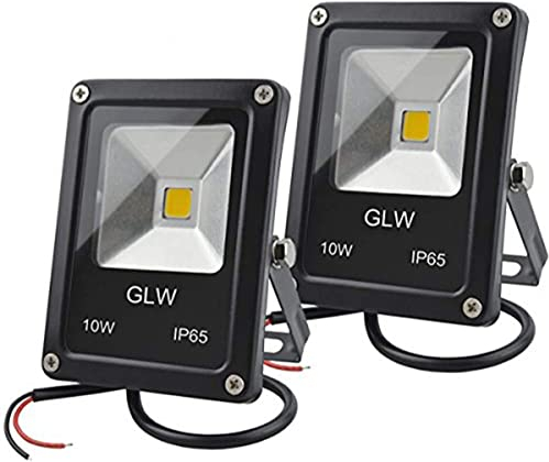 GLW 12V DC LED Flood Light 10W Mini Outdoor Floodlight IP65 Waterproof Working Outside Lights 900lm 3000K Warm White Security Light 80W Halogen Bulb Equivalent 2 Pack No Plug [Energy Class A++]