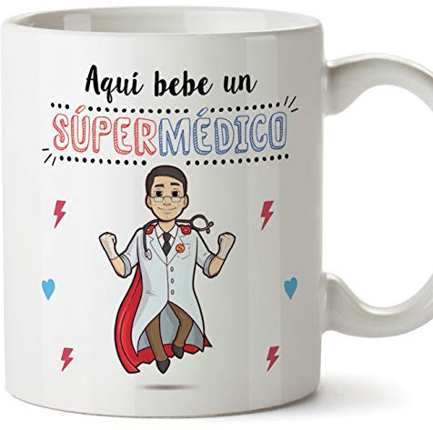 MUGFFINS Médico Tazas Originales de café y Desayuno para Regalar a Trabajadores Profesionales - AQUÍ Bebe UN SÚPER MÉDICO - Cerámica 350 ml