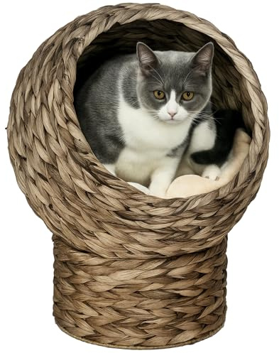 PawHut Panier Chat lit surélevé Chat Cosy Niche Grotte à Chat Grand Confort dim. 42L x 33l x 52H cm Coussin Moelleux Beige Inclus